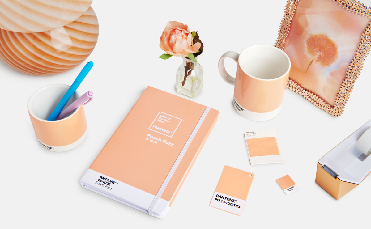 Peach fuzz coloured notebook, mug, picture frame 